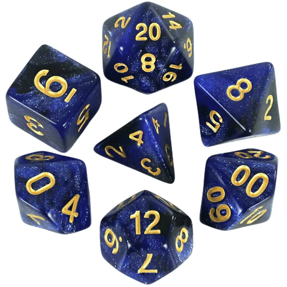 A set of blue polyhedral dice featuring a cosmic effect and gold numbering.