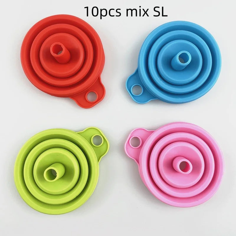 A set of four silicone funnels in red, blue, green, and pink are displayed on a white background.