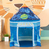 A blue and purple rocket ship pop-up play tent with a window and starry design.