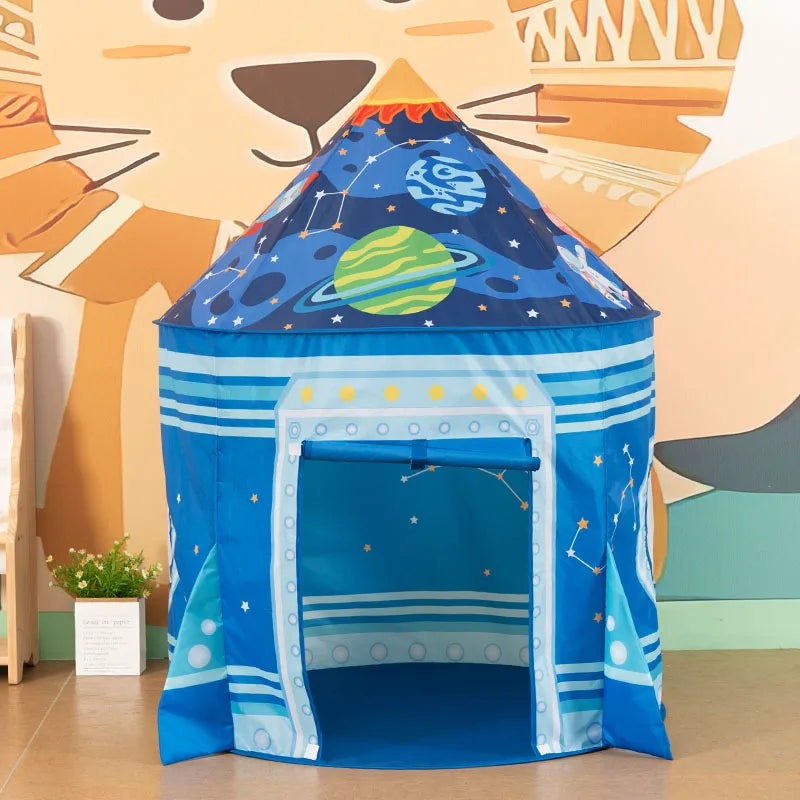 A blue and purple rocket ship pop-up play tent with a window and starry design.