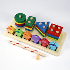 A wooden fishing game featuring colorful geometric blocks and a wooden fishing rod.