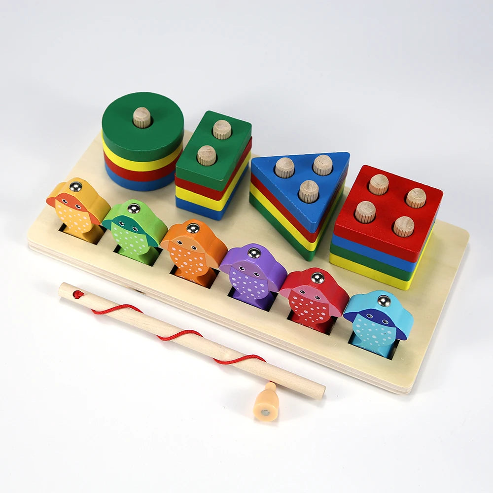 A wooden fishing game featuring colorful geometric blocks and a wooden fishing rod.