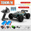A black brushless 4WD monster truck RC car is shown with various upgrades and accessories.