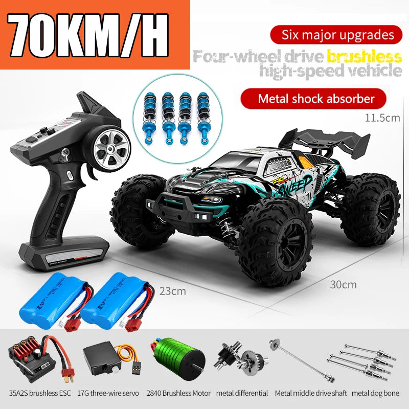 A black brushless 4WD monster truck RC car is shown with various upgrades and accessories.