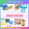 A party favor pack featuring butter, squishies, and a blue slime or putty item.