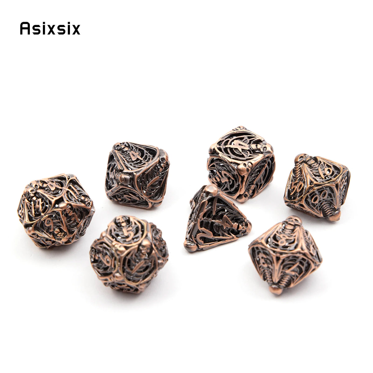 A set of coppery skull metal polyhedral dice used for tabletop role-playing games