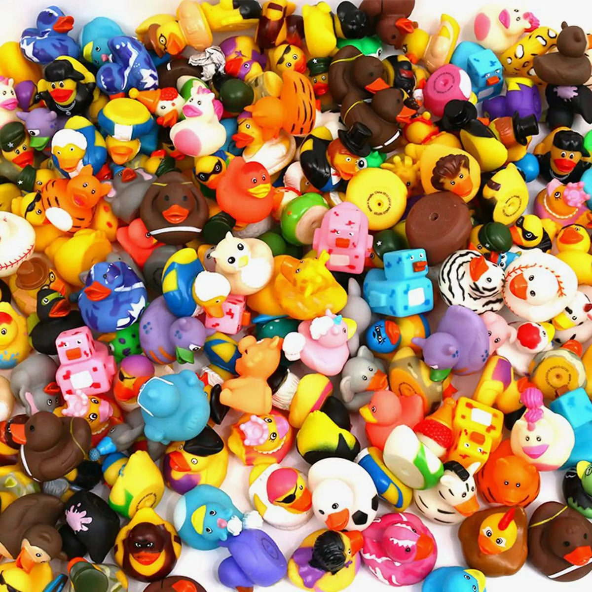 A colorful assortment of yellow rubber ducks for bath and party fun