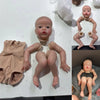 A realistic 19-inch reborn baby doll kit with painted details and a cloth body, shown in various poses.