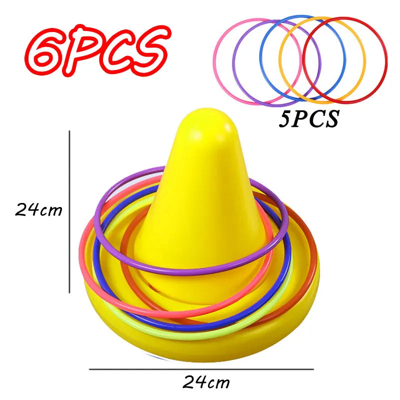 A yellow cone with six colored rings and five colored rings are shown for balance stepping stones toy