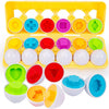 A set of colorful matching eggs for toddlers featuring various shapes and colors like red, green, yellow, blue, and purple.