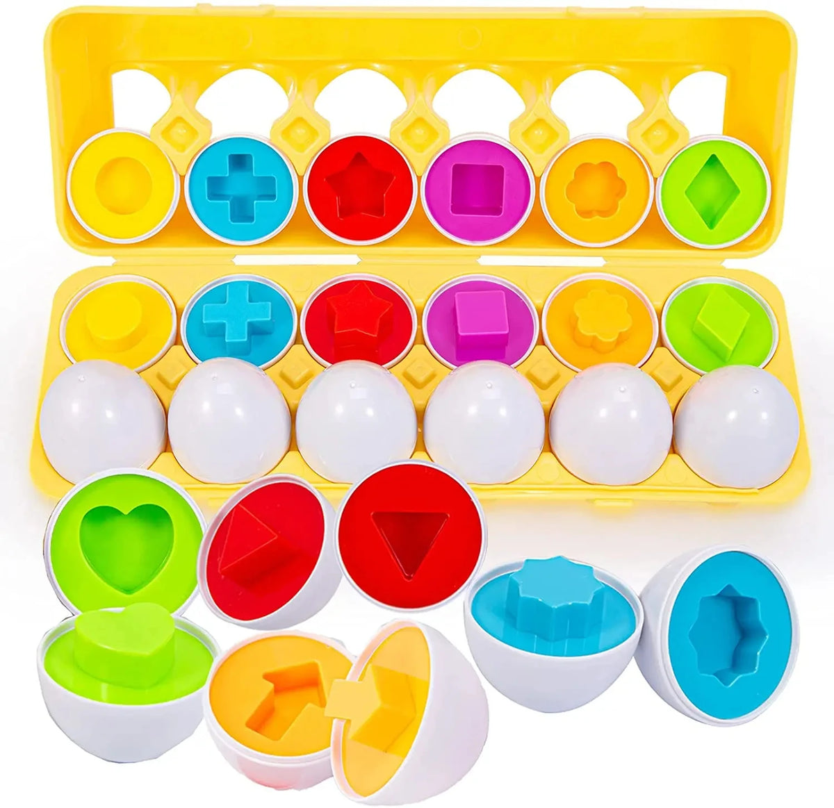 A set of colorful matching eggs for toddlers featuring various shapes and colors like red, green, yellow, blue, and purple.