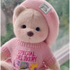 A pink teddy bear plush toy wearing a pink knitted sweater and a pink hood.