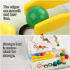 A storage box of wooden caterpillar clip beads and yellow plastic tools for a Montessori fine motor skills game.