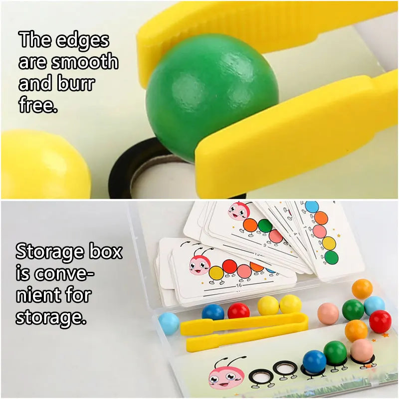 A storage box of wooden caterpillar clip beads and yellow plastic tools for a Montessori fine motor skills game.
