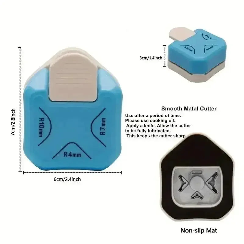 A blue and beige triple-function corner embosser and cutter kit with various sized tools and a non-slip mat.