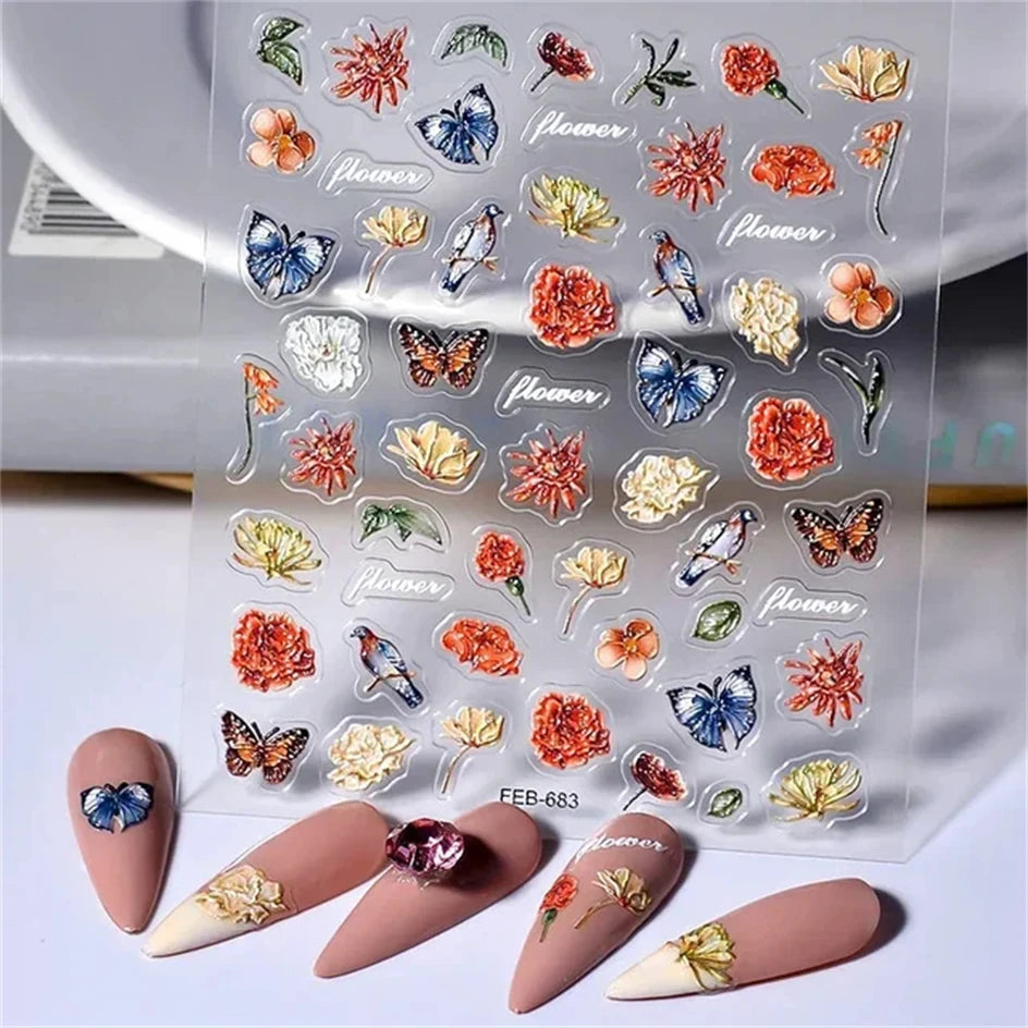 Clear stickers featuring various floral and butterfly designs for nail art
