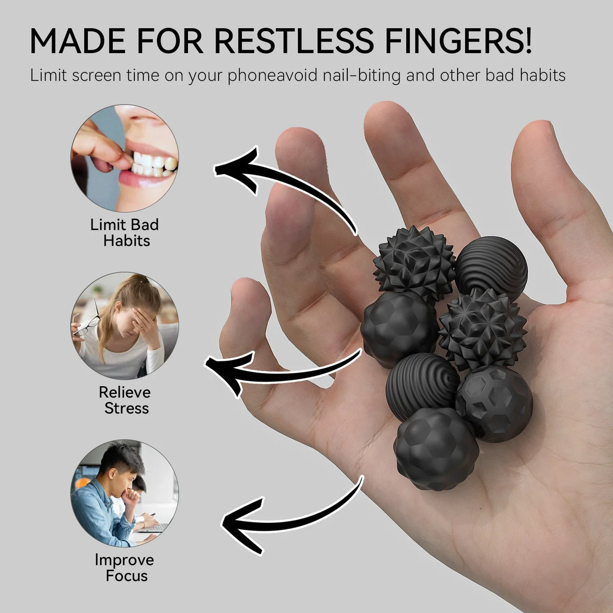 Soft sensory silicone massage balls with magnetic cores shown in a hand, designed to limit bad habits and relieve stress.
