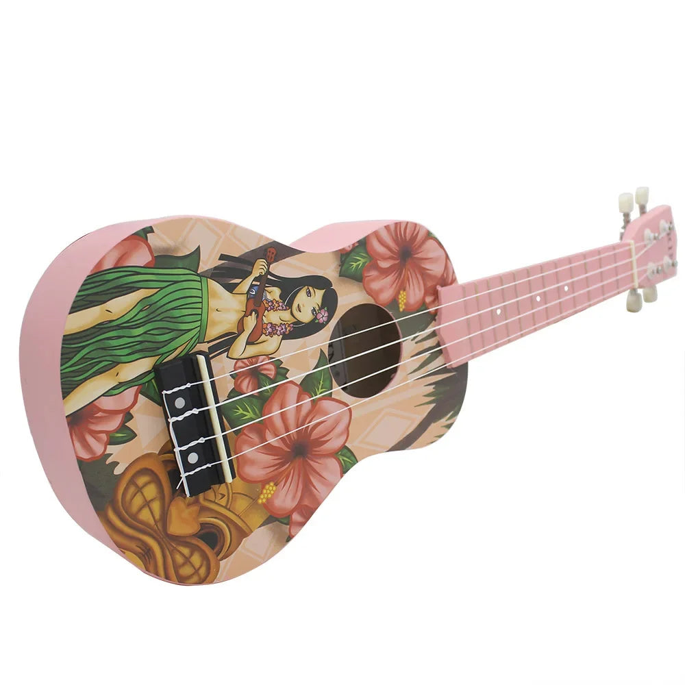A pink ukulele featuring a Hawaiian design with green and pink floral patterns.