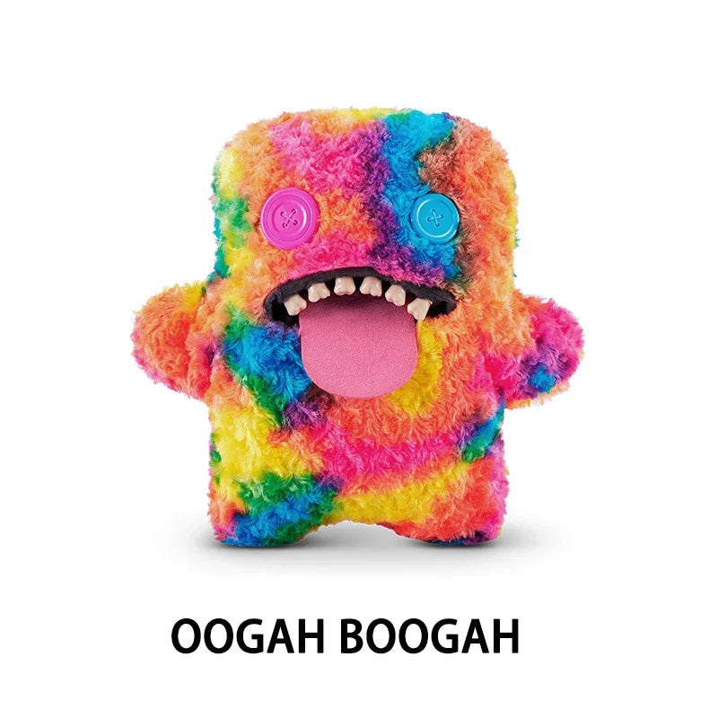 A brightly colored, fluffy plush monster with purple eyes and a wide pink tongue.