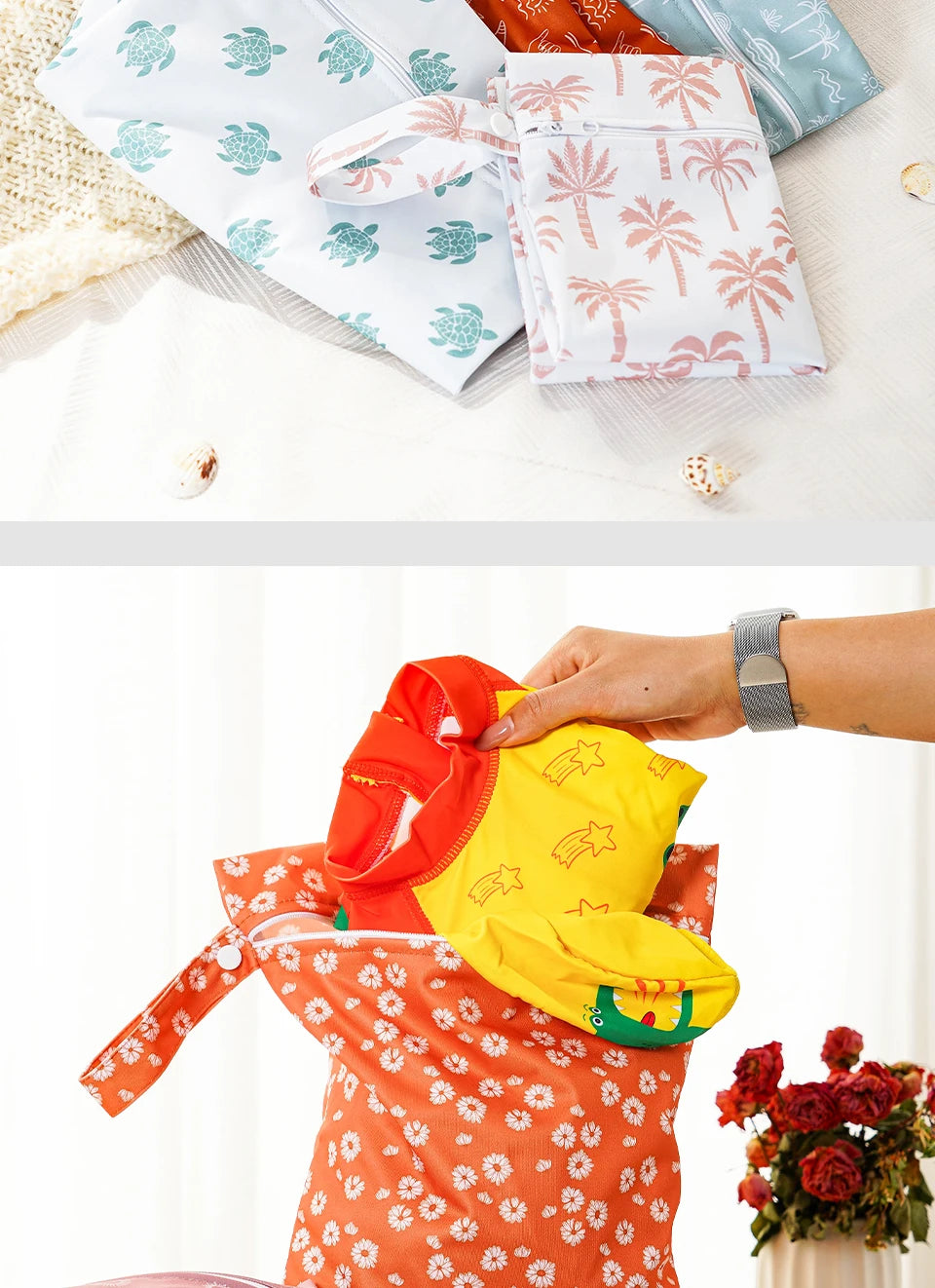 Two reusable waterproof baby wet bags in orange and white floral patterns are shown.