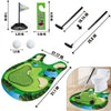 Indoor putting practice set featuring a green mat, putter, and golf balls.