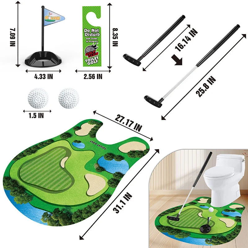 Indoor putting practice set featuring a green mat, putter, and golf balls.