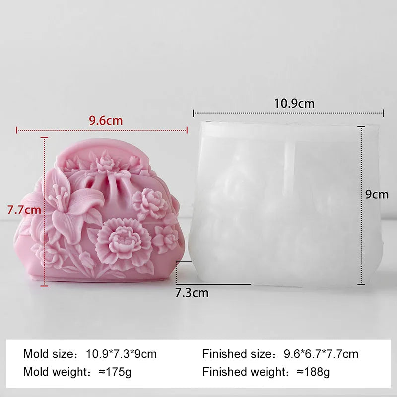 A pink silicone mold shaped like a flower is shown next to its finished product, a white bar of soap or candle.