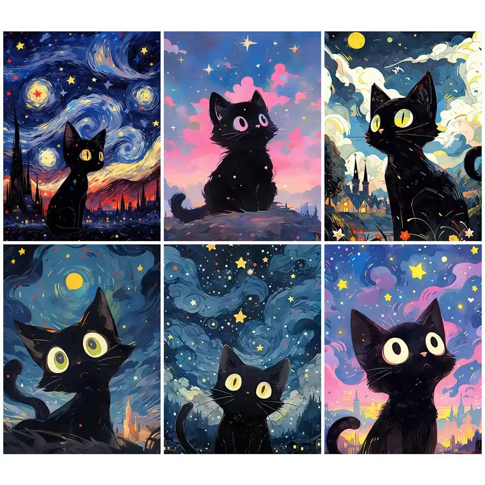 A collection of nine illustrations featuring a black cat against a starry night sky and colorful celestial elements.