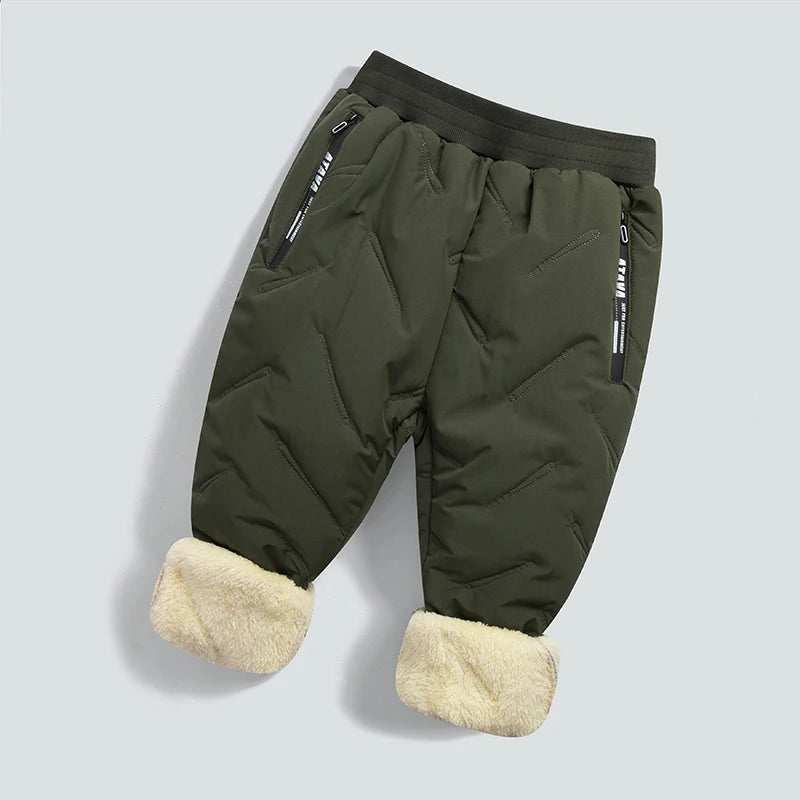 Olive green waterproof winter pants for kids with fleece lining and faux fur trim