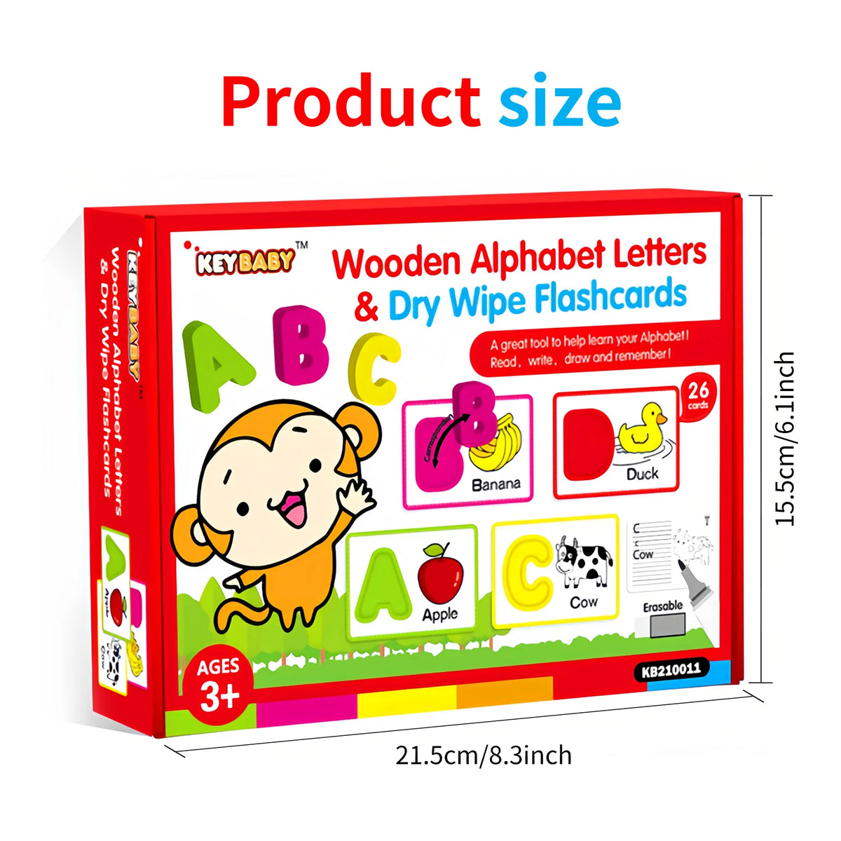 A box of Wooden Alphabet Letters and Dry Wipe Flashcards featuring letters A, B, C, and pictures like Banana, Duck, Apple, an