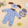 A light blue animal romper set for a baby doll featuring a dog-themed top and matching ears.