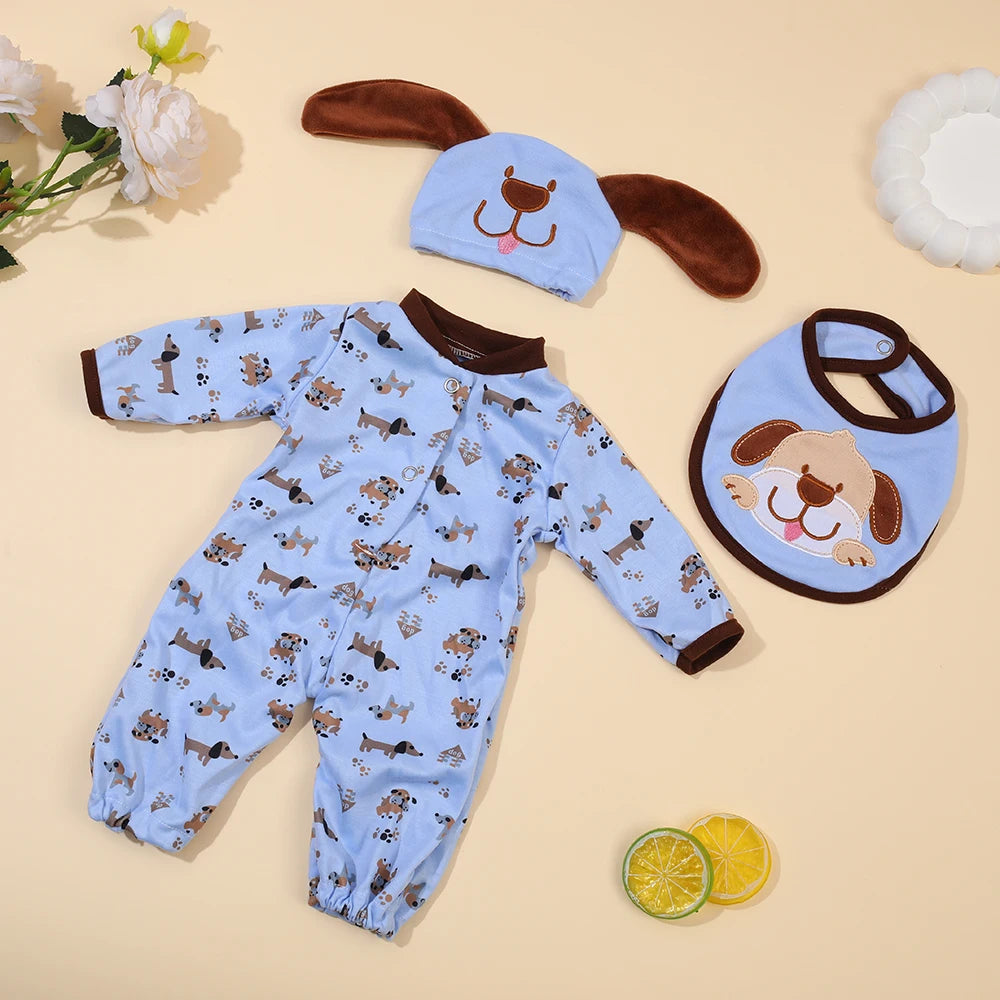 A light blue animal romper set for a baby doll featuring a dog-themed top and matching ears.