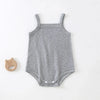A light gray lightweight cotton strappy romper for babies lying flat on a white surface.