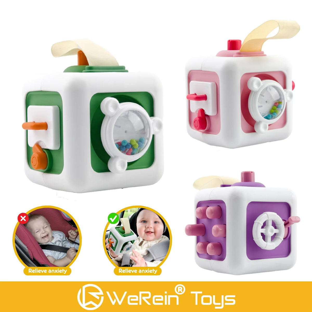 A white sensory cube toy with pink accents and a lid for toddlers, designed to relieve anxiety.