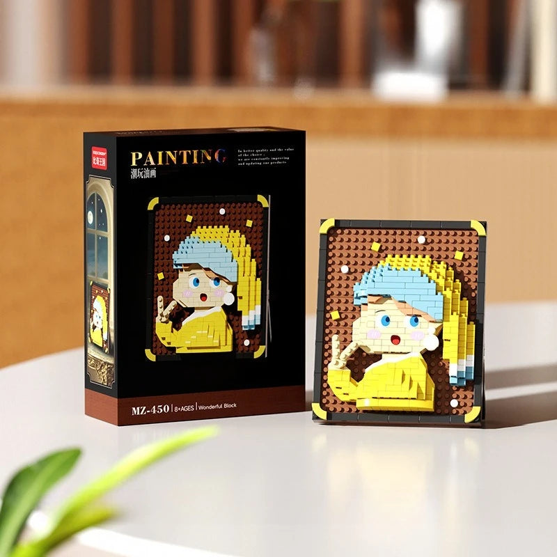 A box and assembled set of yellow and blue pixel art building blocks featuring a woman's face.