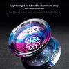 Close-up of a colorful aluminum alloy yo-yo with iridescent finish and ball bearings