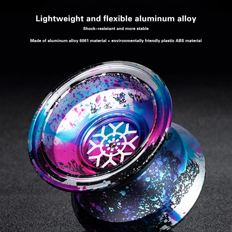 Close-up of a colorful aluminum alloy yo-yo with iridescent finish and ball bearings