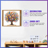 A framed jigsaw puzzle depicting a vibrant tree of life with colorful animal shapes, shown next to text about decoration and 