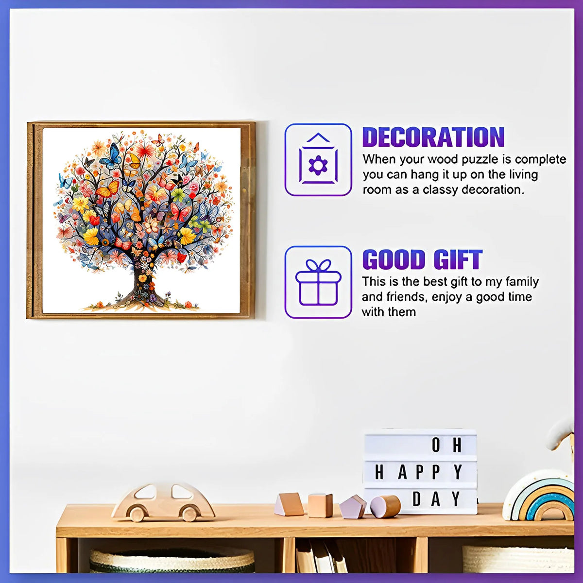A framed jigsaw puzzle depicting a vibrant tree of life with colorful animal shapes, shown next to text about decoration and 
