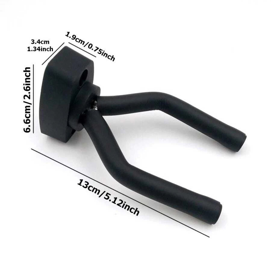 Black wall-mounted guitar holder with a curved neck and cradle for mounting instruments.