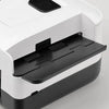 A white and black portable automatic card shuffler device with a removable tray is shown.