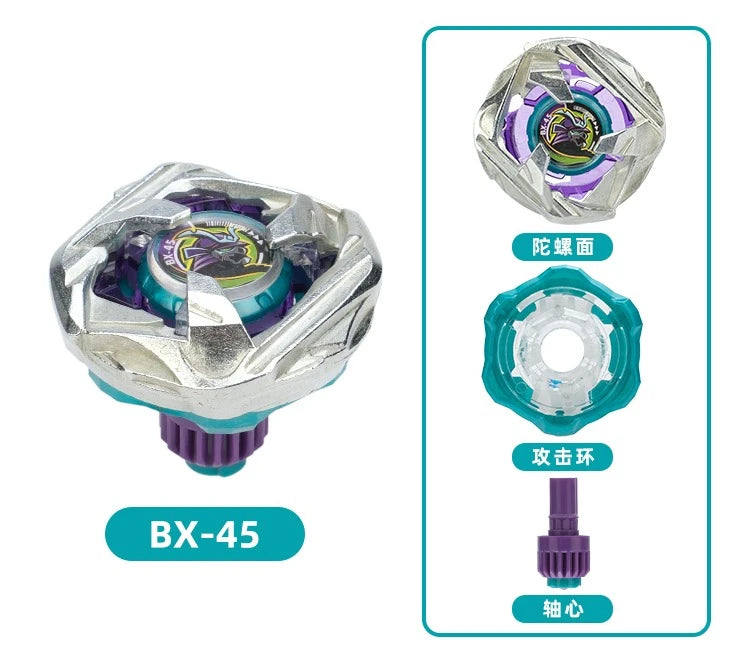 Mini Gyroscope Launcher Set featuring a silver and purple toy for kids with components shown.