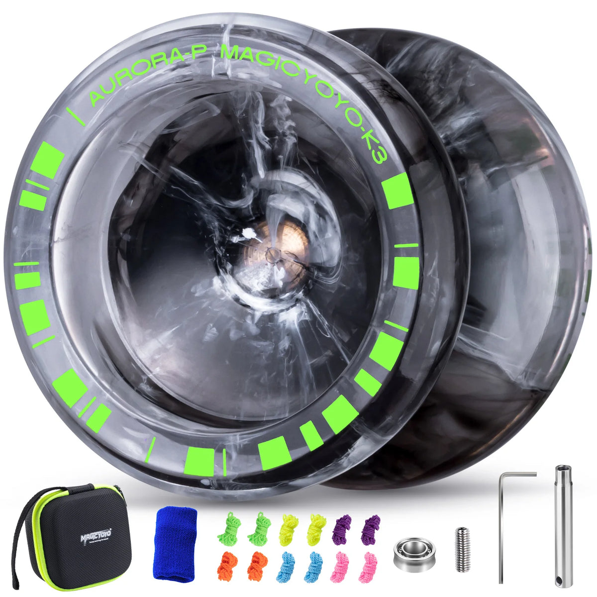 Un set de yo-yos Aurora Design pour débutants et experts, avec une pochette noire, une lanière bleue et divers yo-yos colorés