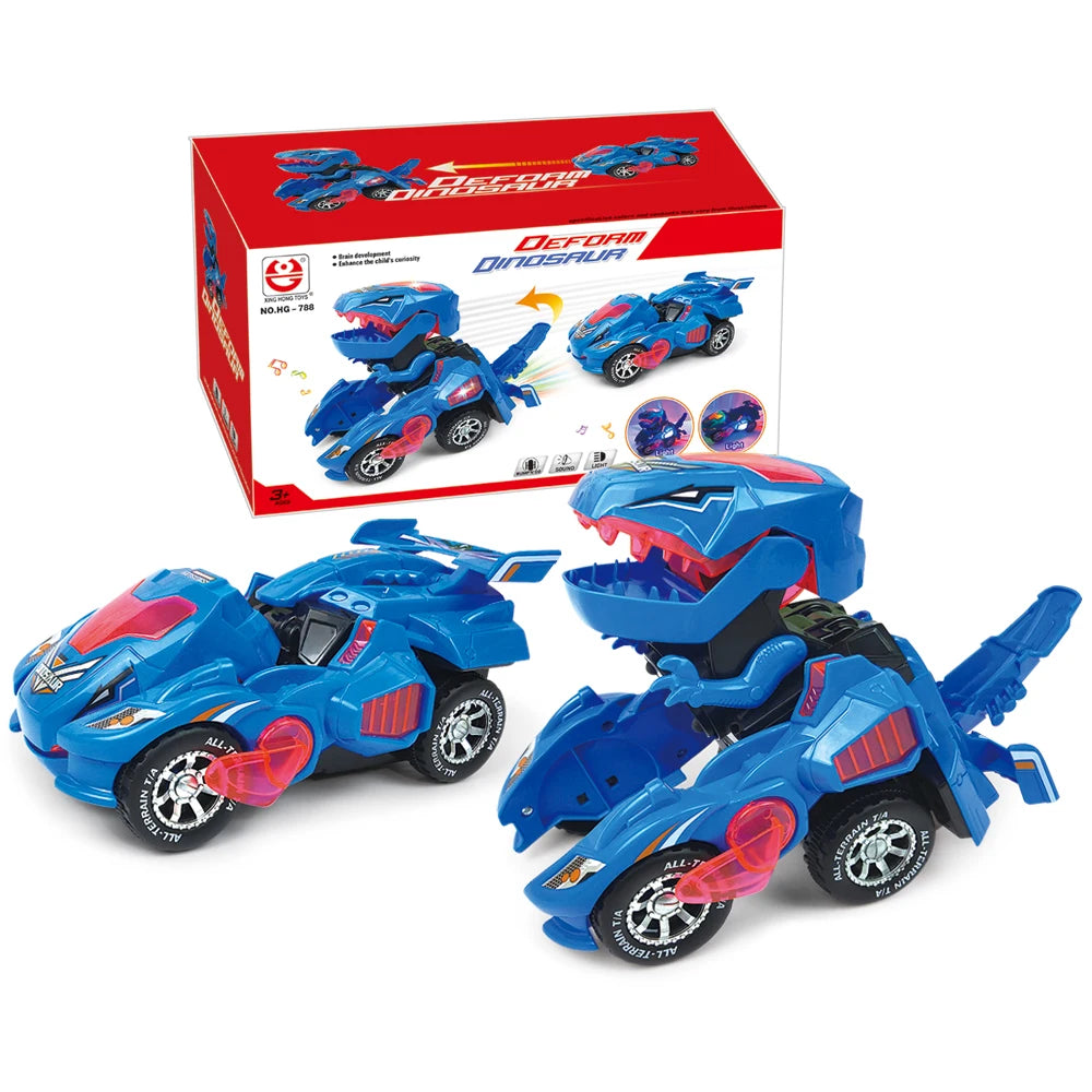 A red and blue box for a 2-in-1 transforming dinosaur car toy with multiple assembled models.