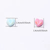 Two shiny heart-shaped acrylic beads, one light blue and one pink, shown with size measurements.