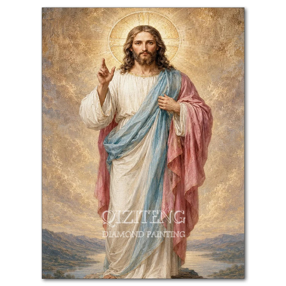 Diamond painting of Jesus with a halo and Virgin Mary, depicted in classical style.