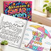An open coloring book showing bold and easy swear word patterns on the cover and vacation themes inside