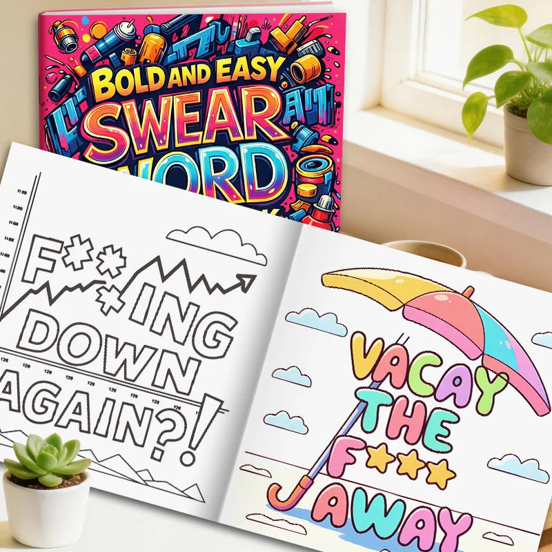 An open coloring book showing bold and easy swear word patterns on the cover and vacation themes inside