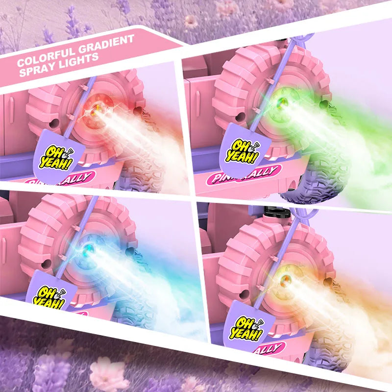 A pink remote control off-road car is shown with colorful gradient spray lights and DIY stickers in a purple floral setting.