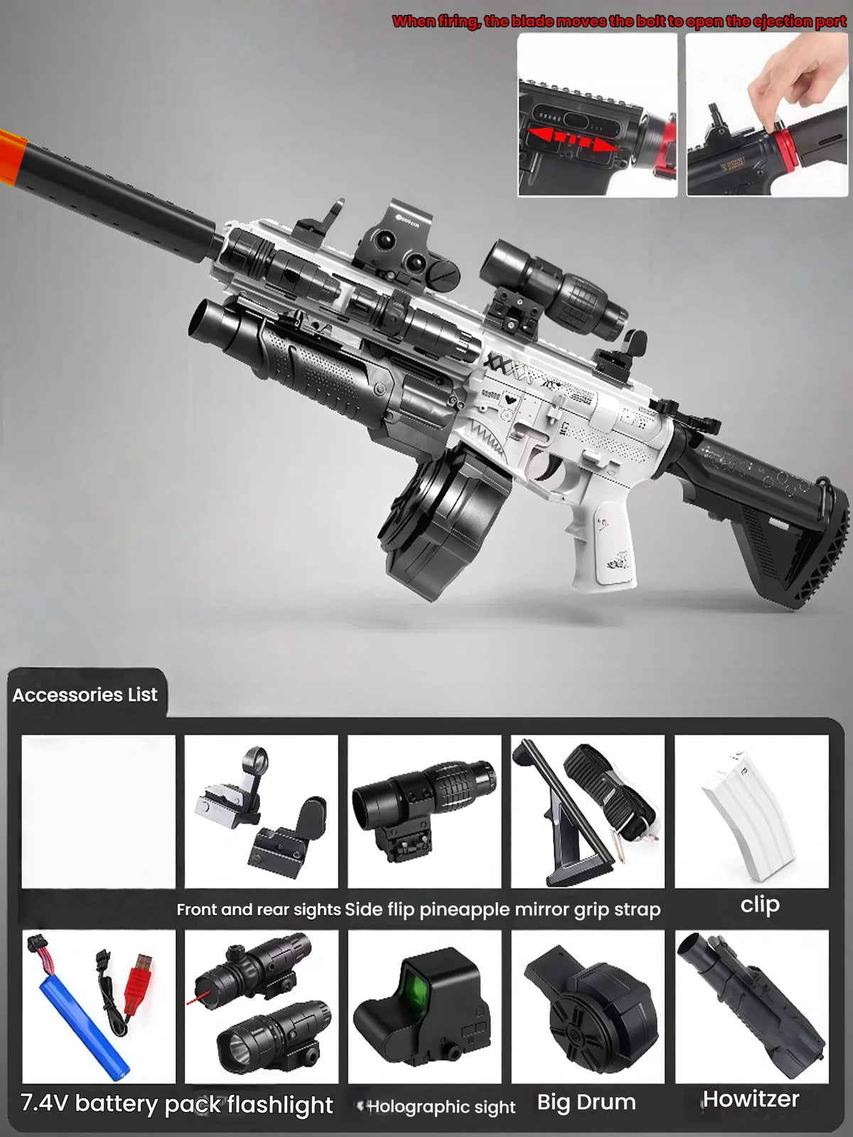 A white electric gel blaster gun with accessories and a battery pack shown in detail.
